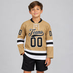 Custom Old Gold Lace Neck Hockey Jersey with Black and White Lettering Design 0119 youth size worn by child model