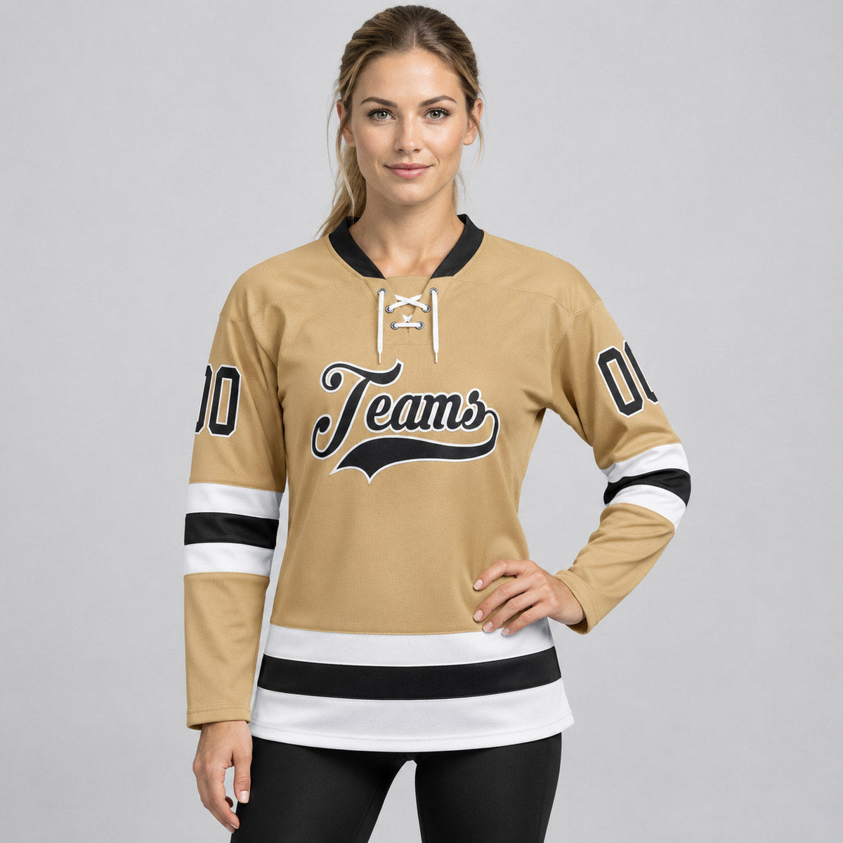 Custom Old Gold Lace Neck Hockey Jersey with Black and White Lettering Design 0119 worn by female model