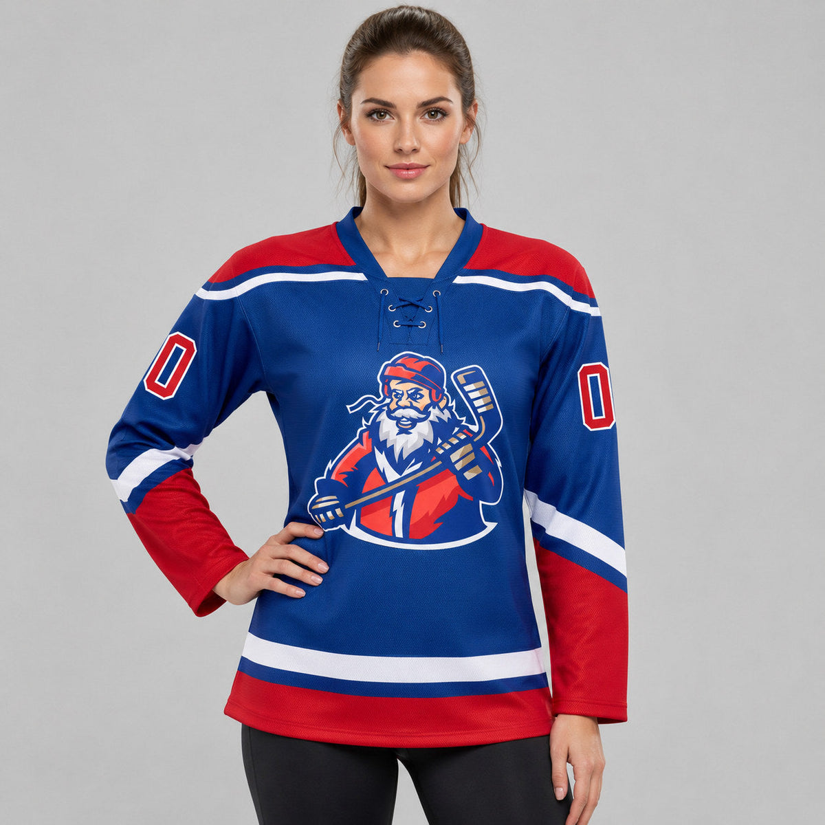 Custom Royal Christmas Santa Claus Lace Neck Hockey Jersey with Red and White Lettering Design 1831 worn by female model