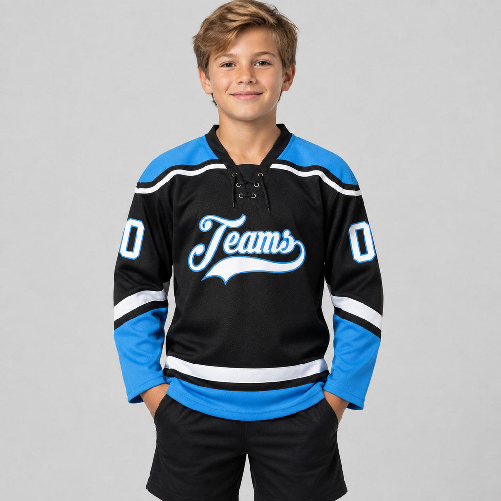 Custom Black Lace Neck Hockey Jersey with White and Powder Blue Lettering youth size worn by child model