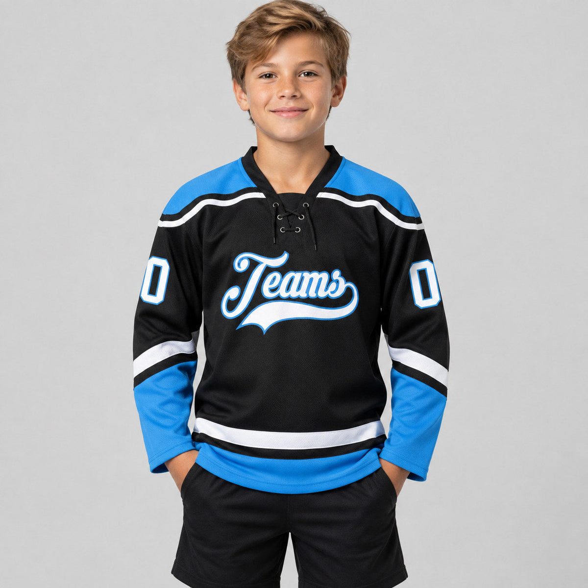 Custom Black Lace Neck Hockey Jersey with White and Powder Blue Lettering youth size worn by child model