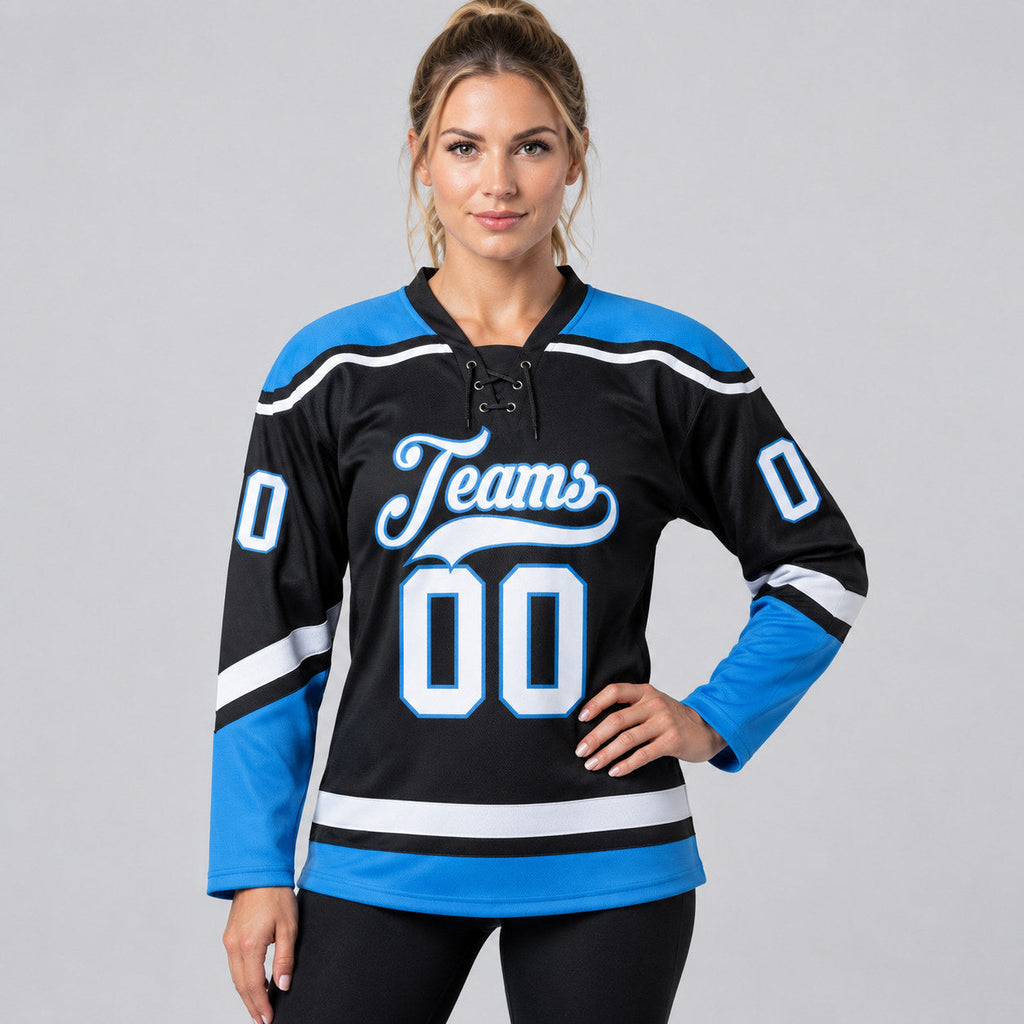 Custom Black Lace Neck Hockey Jersey with White and Powder Blue Lettering worn by female model