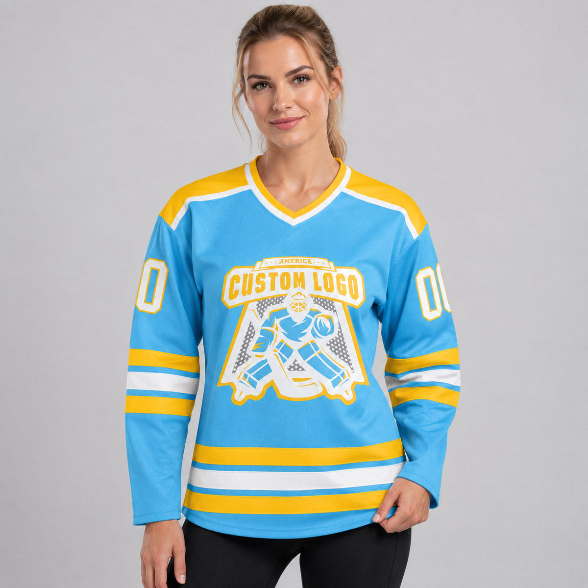 Custom Sky Blue Hockey Jersey with White and Gold Lettering worn by female model