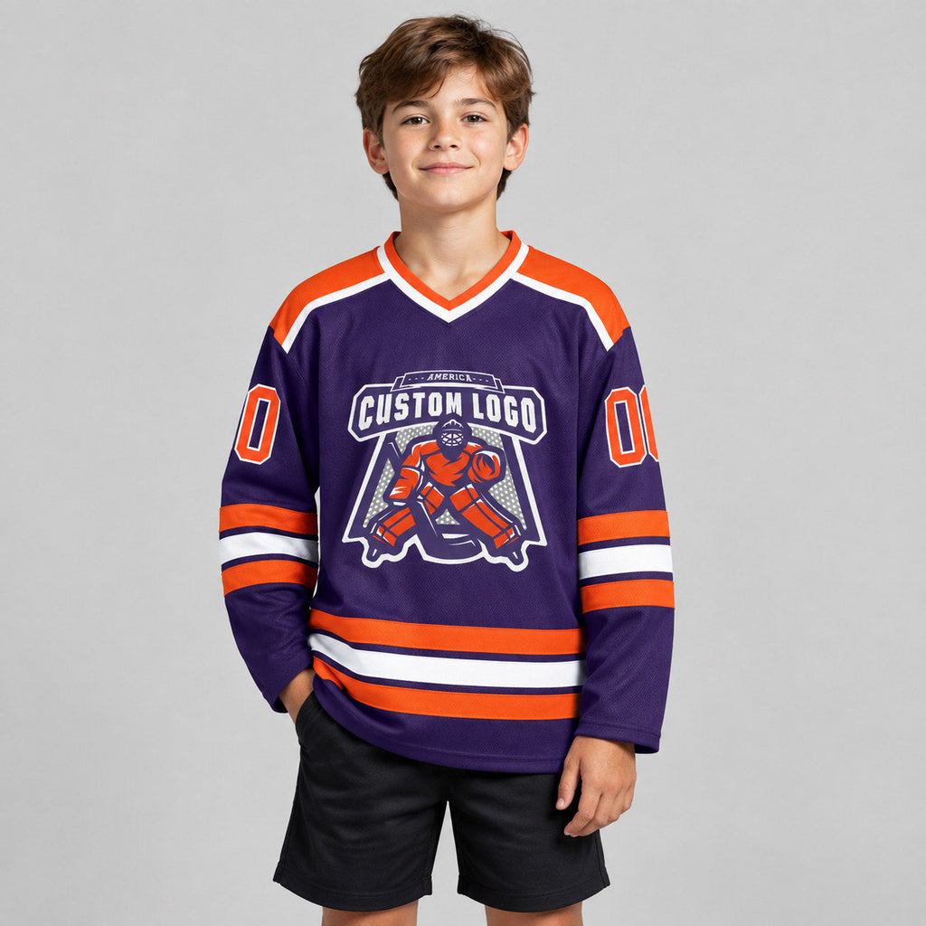 Custom Purple Hockey Jersey with Orange and White Lettering Design 0281 youth size worn by child model