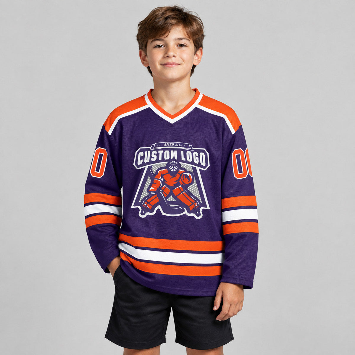 Custom Purple Hockey Jersey with Orange and White Lettering Design 0281 youth size worn by child model