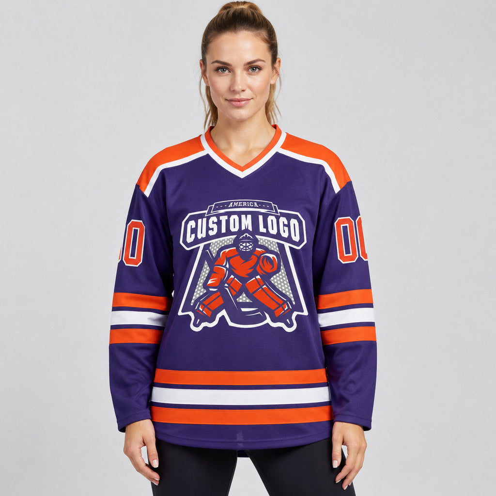 Custom Purple Hockey Jersey with Orange and White Lettering Design 0281 worn by female model