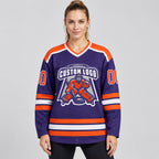Custom Purple Hockey Jersey with Orange and White Lettering Design 0281 worn by female model