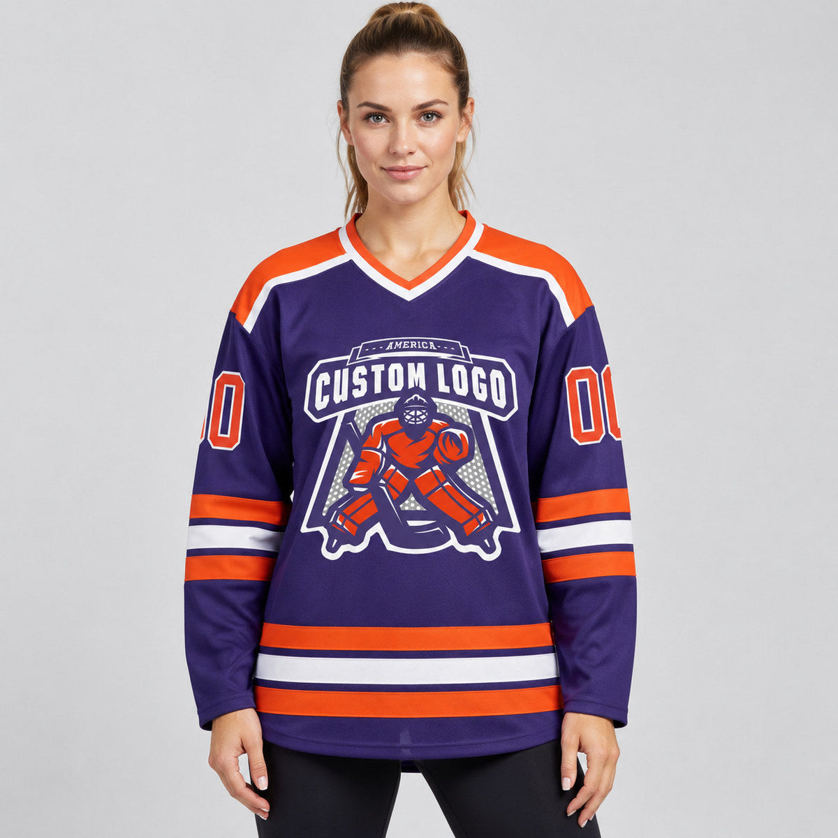 Custom Purple Hockey Jersey with Orange and White Lettering Design 0281 worn by female model