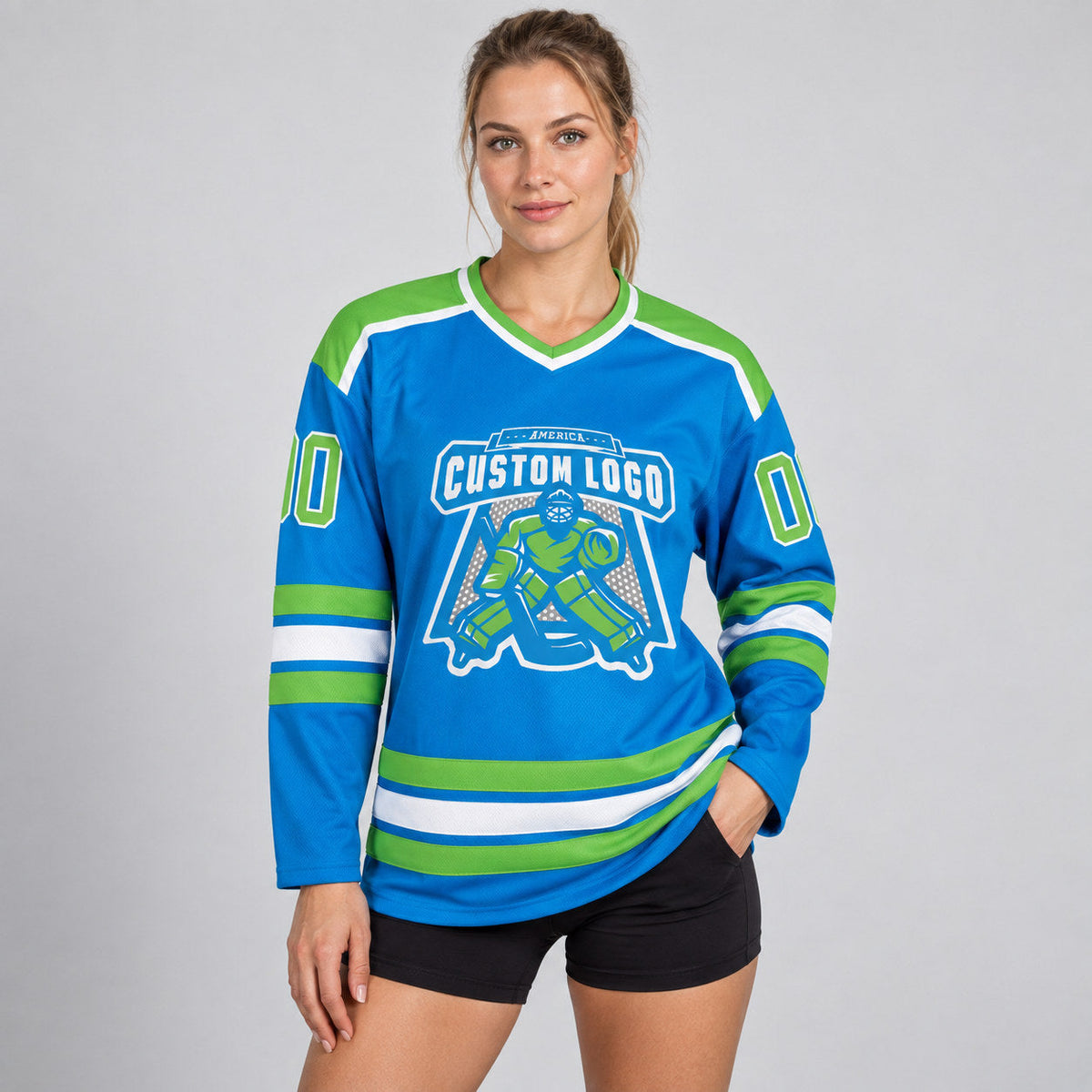 Custom Blue Hockey Jersey with Neon Green and White Lettering worn by female model