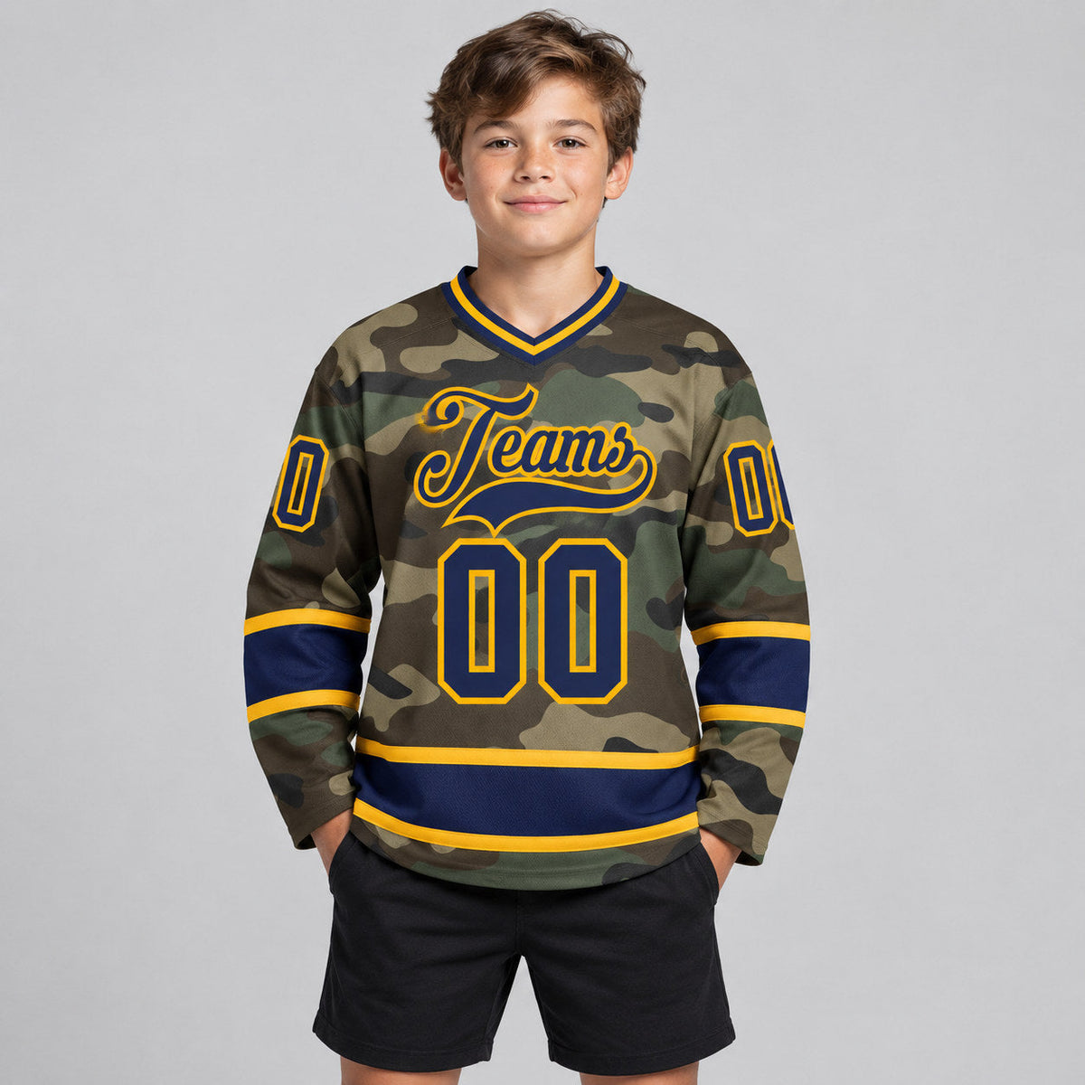 Custom Navy and Gold Camo Salute To Service Hockey Jersey youth size worn by child model
