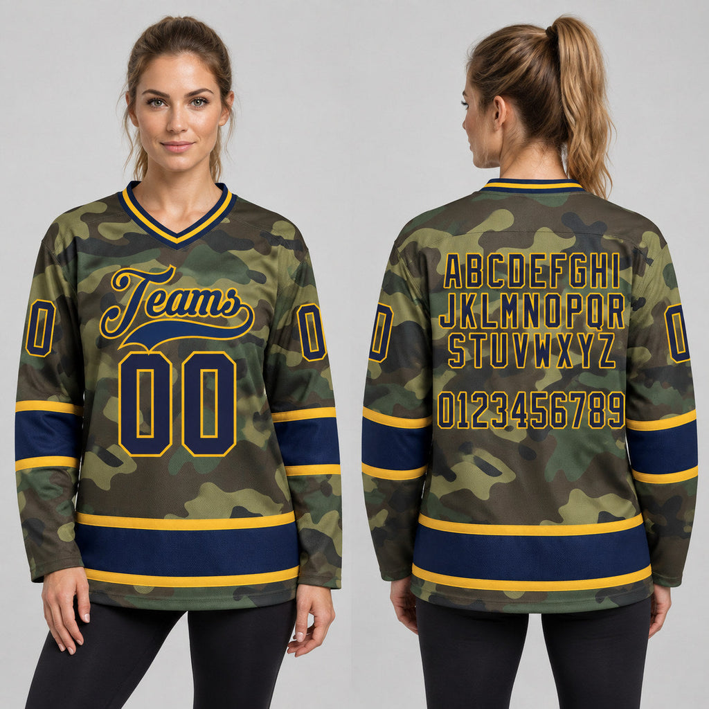 Custom Navy and Gold Camo Salute To Service Hockey Jersey worn by female model