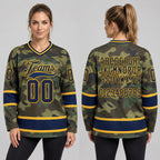 Custom Navy and Gold Camo Salute To Service Hockey Jersey worn by female model