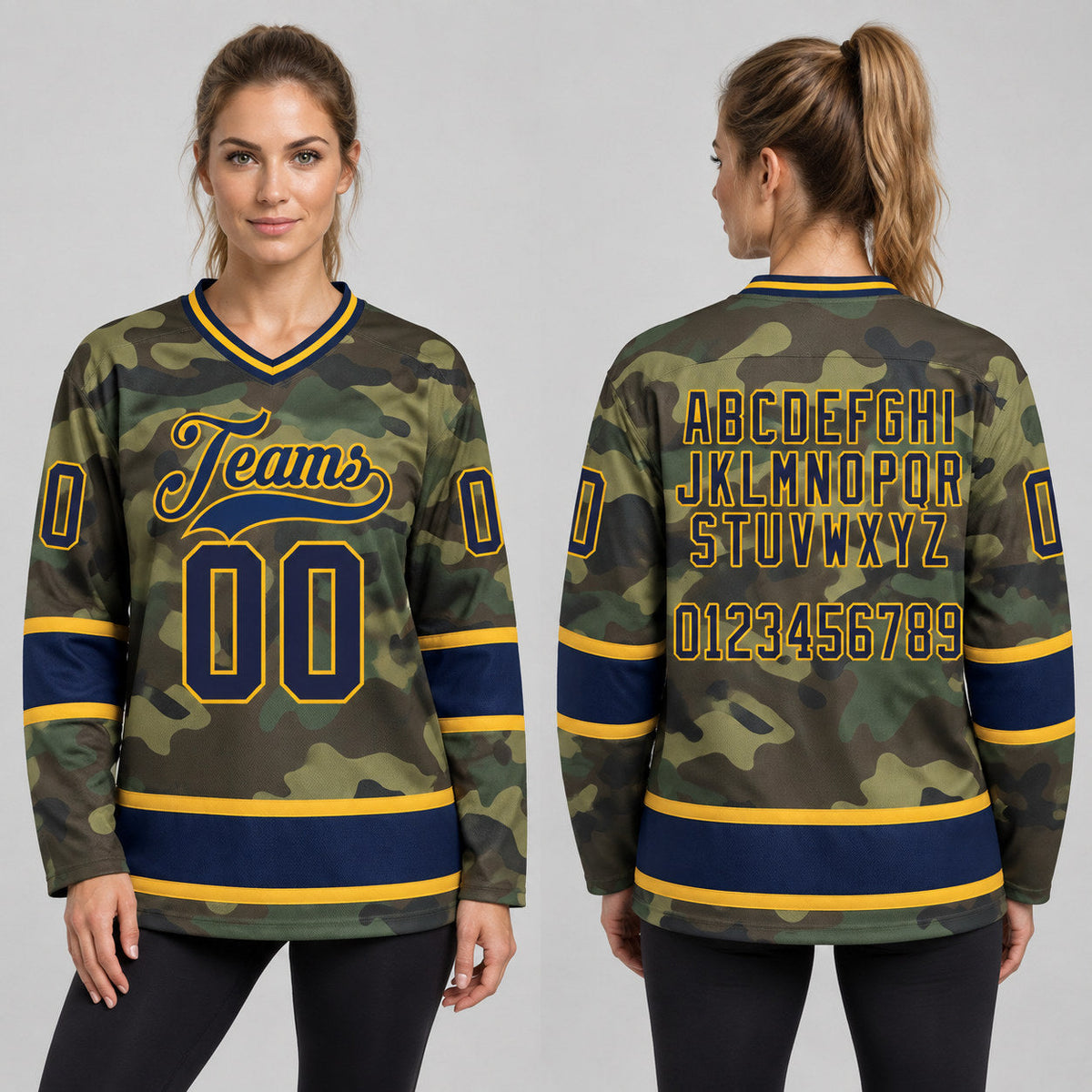 Custom Navy and Gold Camo Salute To Service Hockey Jersey worn by female model