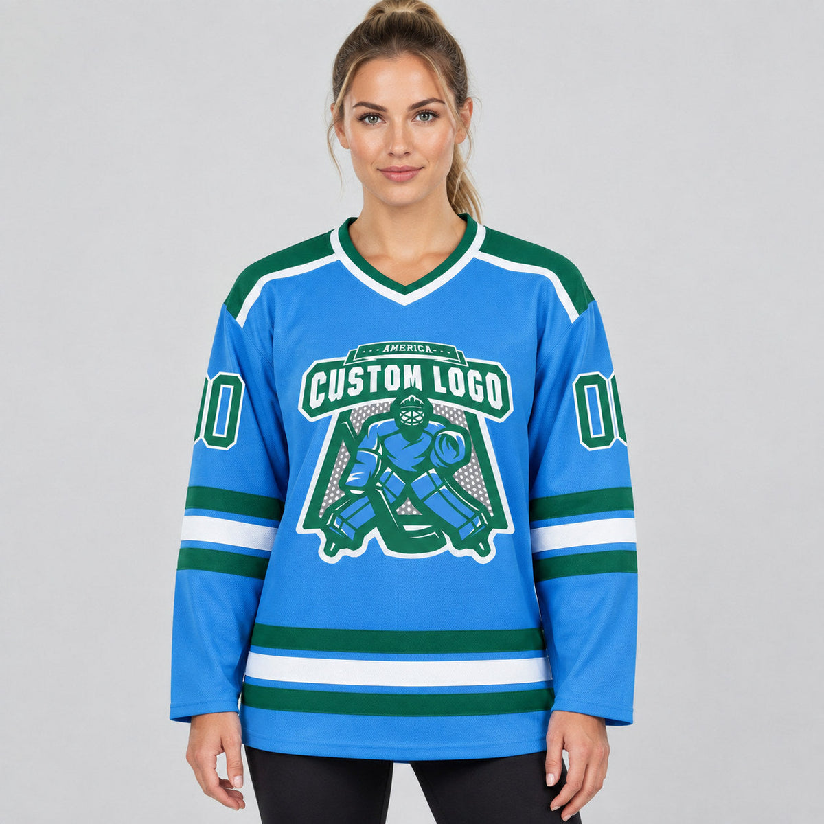 Custom Powder Blue Hockey Jersey with Kelly Green and White Lettering worn by female model