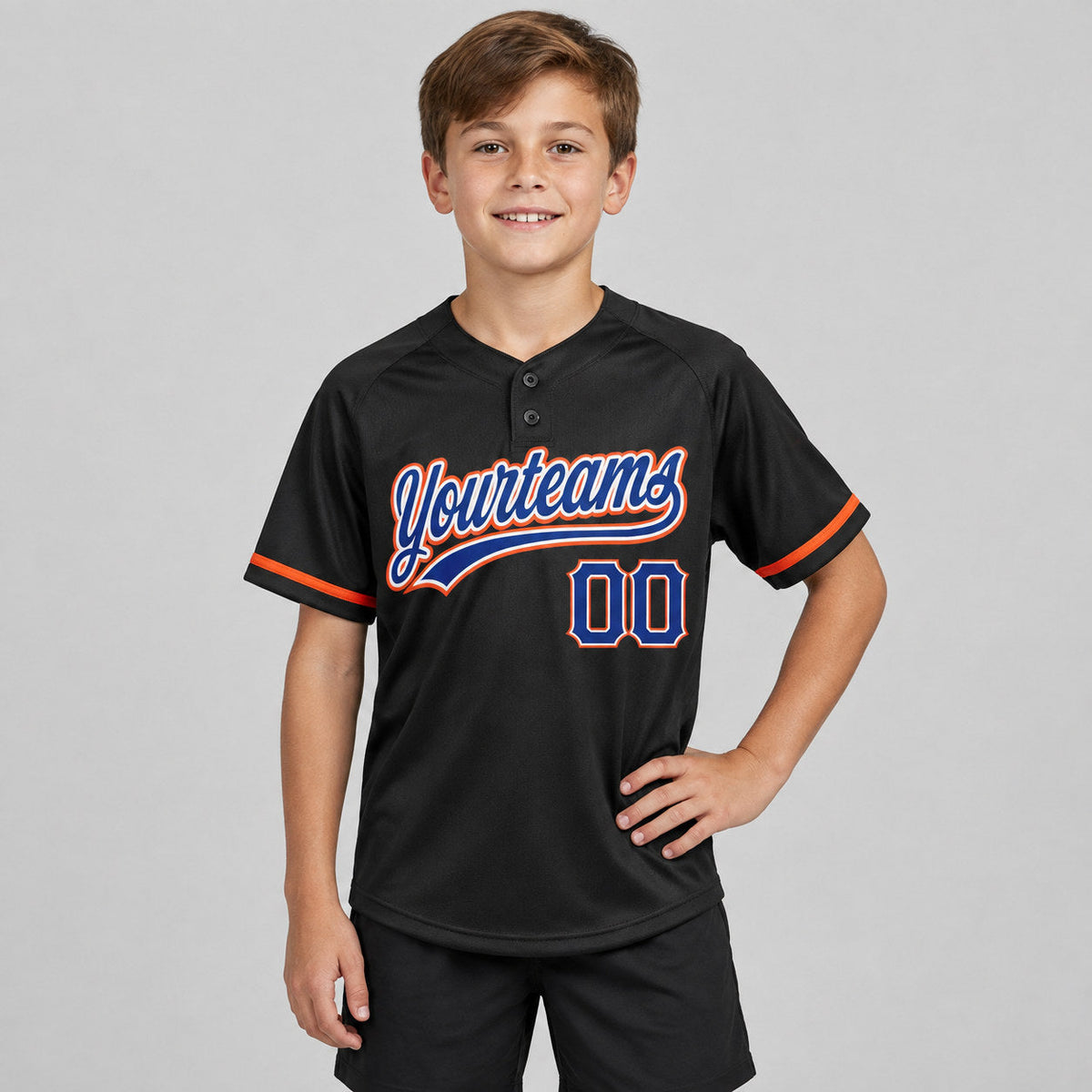Custom Black Two Button Softball Jersey with Royal and Orange Lettering Design 0318 youth size worn by child model