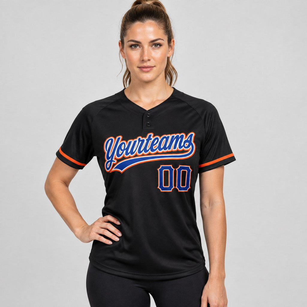 Custom Black Two Button Softball Jersey with Royal and Orange Lettering Design 0318 worn by female model