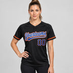 Custom Black Two Button Softball Jersey with Royal and Orange Lettering Design 0318 worn by female model