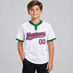 Custom White Two Button Softball Jersey with Pink and Kelly Green Lettering youth size worn by child model
