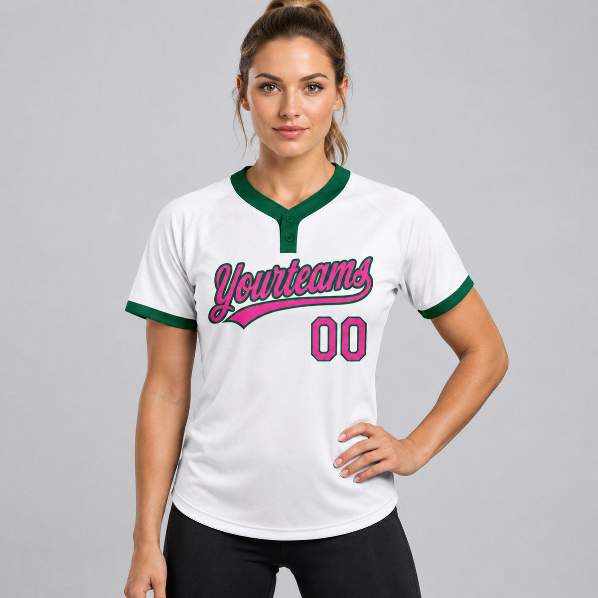 Custom White Two Button Softball Jersey with Pink and Kelly Green Lettering worn by female model