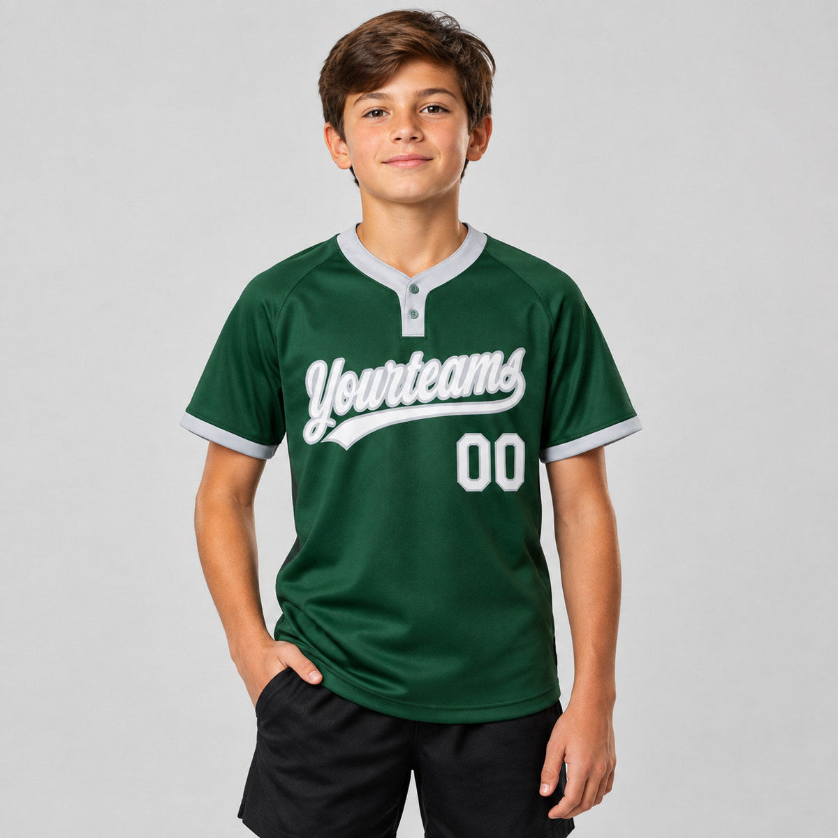 Custom Green Two Button Softball Jersey with White and Gray Lettering Design 0053 youth size worn by child model