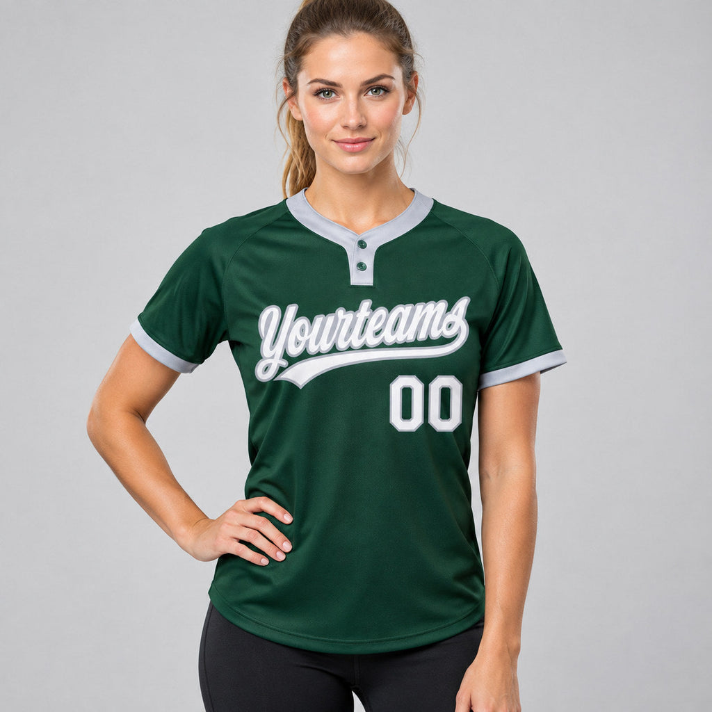 Custom Green Two Button Softball Jersey with White and Gray Lettering Design 0053 worn by female model