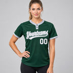 Custom Green Two Button Softball Jersey with White and Gray Lettering Design 0053 worn by female model