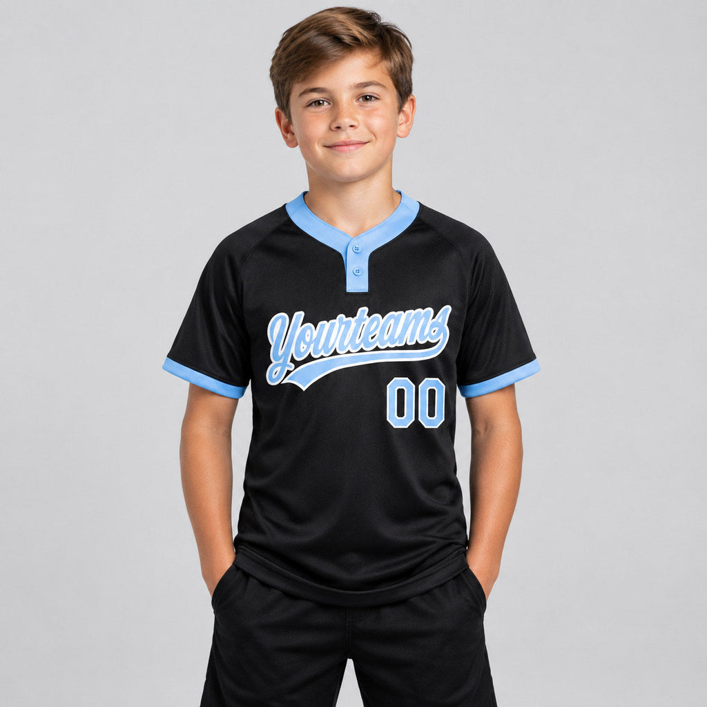 Custom Black Two Button Softball Jersey with Light Blue and White Lettering youth size worn by child model
