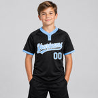 Custom Black Two Button Softball Jersey with Light Blue and White Lettering youth size worn by child model