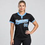 Custom Black Two Button Softball Jersey with Light Blue and White Lettering worn by female model