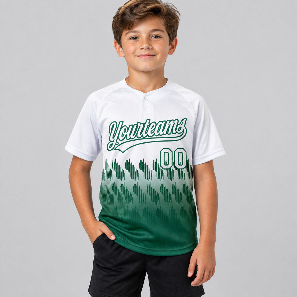 Custom White Lines Two Button Softball Jersey with Kelly Green Lettering youth size worn by child model
