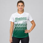 Custom White Lines Two Button Softball Jersey with Kelly Green Lettering worn by female model