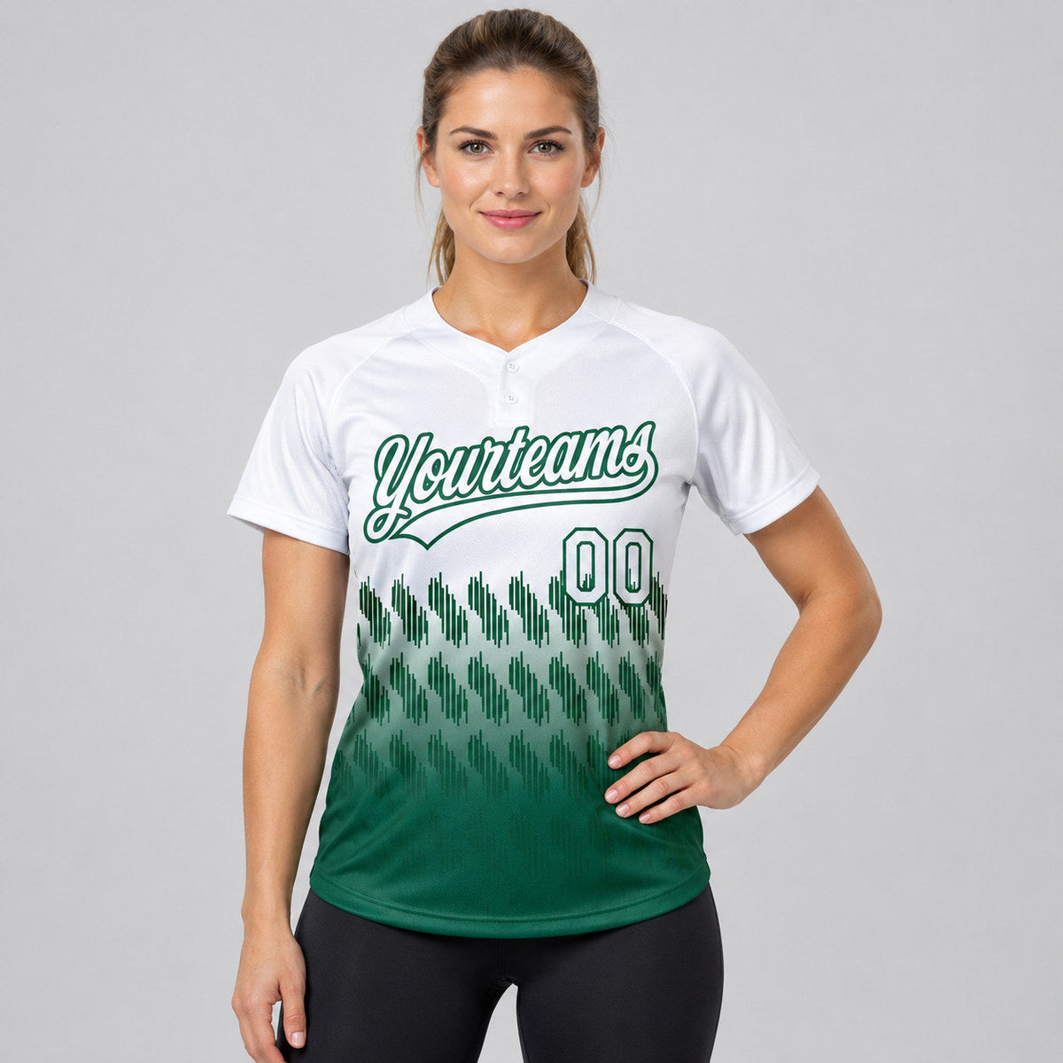 Custom White Lines Two Button Softball Jersey with Kelly Green Lettering worn by female model