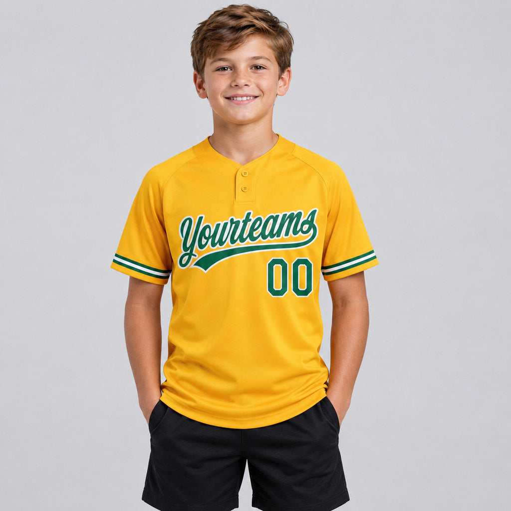 Custom Gold Two Button Softball Jersey with Kelly Green and White Lettering youth size worn by child model