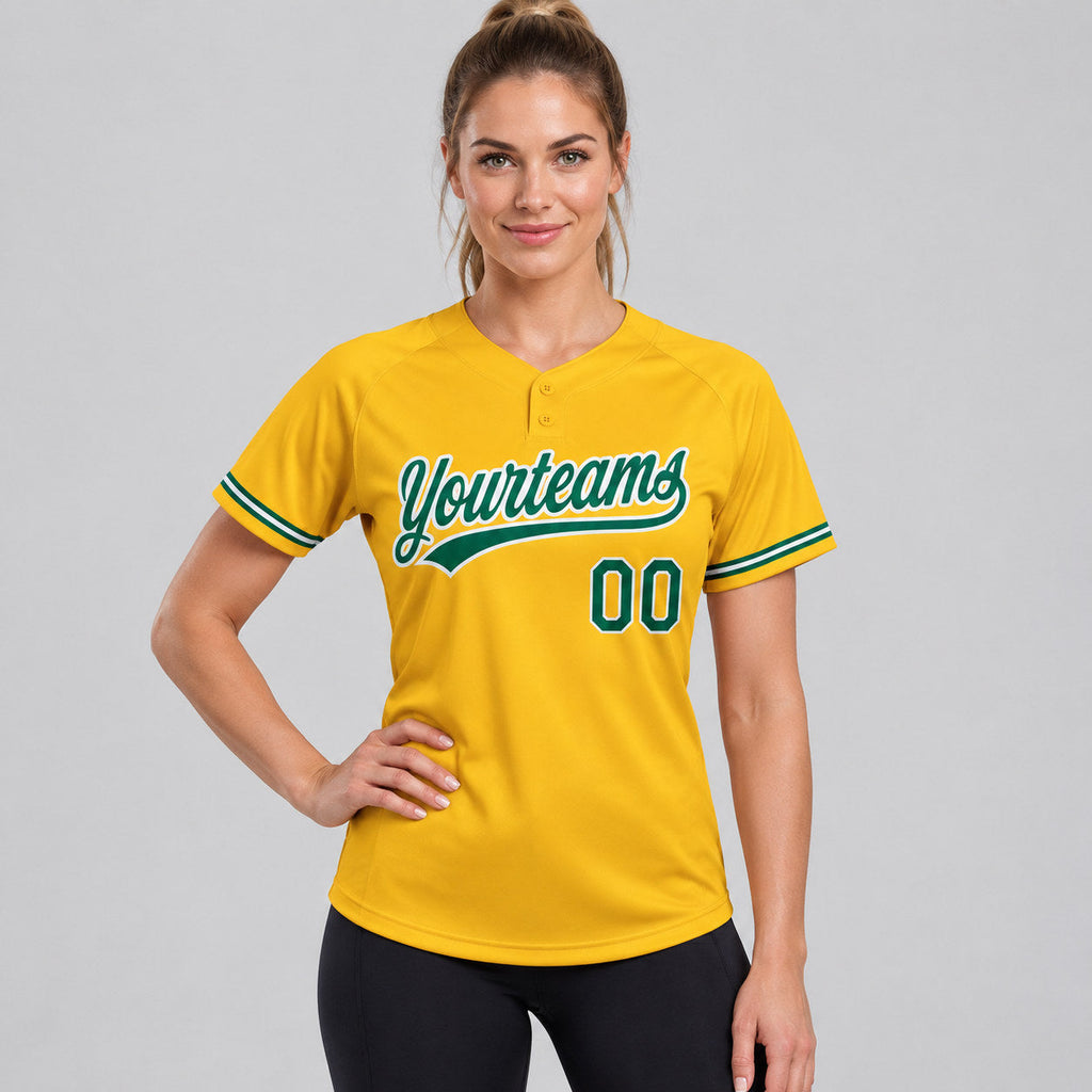 Custom Gold Two Button Softball Jersey with Kelly Green and White Lettering worn by female model
