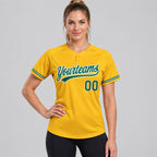 Custom Gold Two Button Softball Jersey with Kelly Green and White Lettering worn by female model