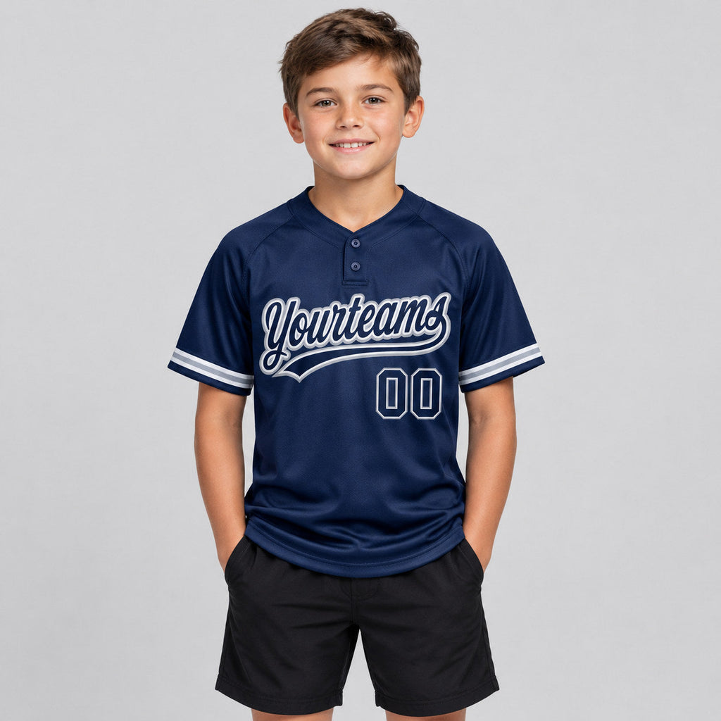 Custom Navy Two Button Softball Jersey with Navy and Gray Lettering youth size worn by child model