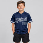 Custom Navy Two Button Softball Jersey with Navy and Gray Lettering youth size worn by child model