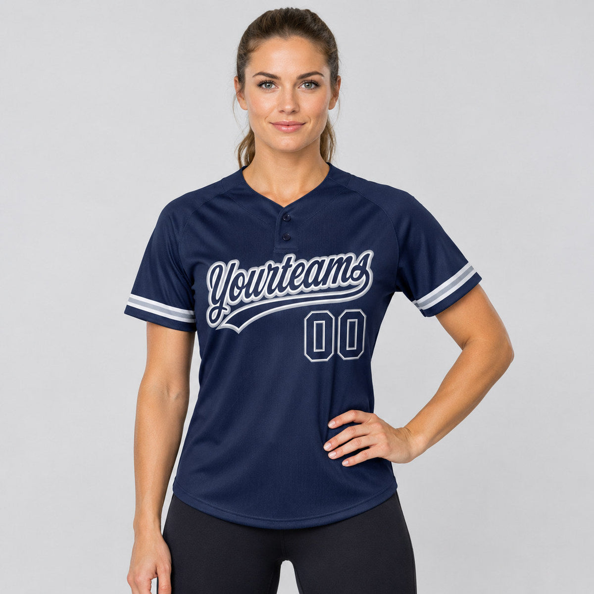 Custom Navy Two Button Softball Jersey with Navy and Gray Lettering worn by female model