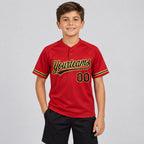 Custom Red Two Button Softball Jersey with Black and Old Gold Lettering youth size worn by child model
