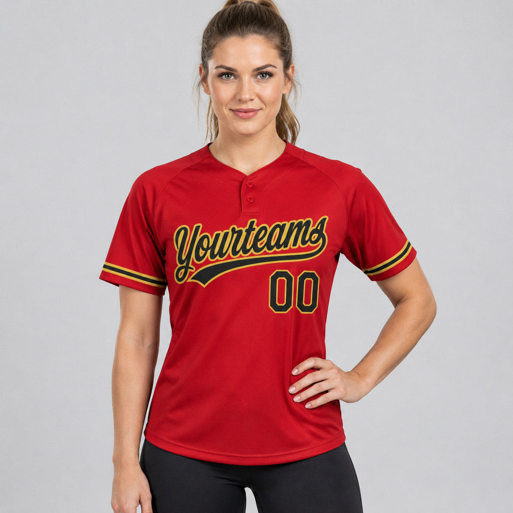 Custom Red Two Button Softball Jersey with Black and Old Gold Lettering worn by female model