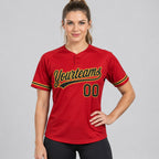 Custom Red Two Button Softball Jersey with Black and Old Gold Lettering worn by female model