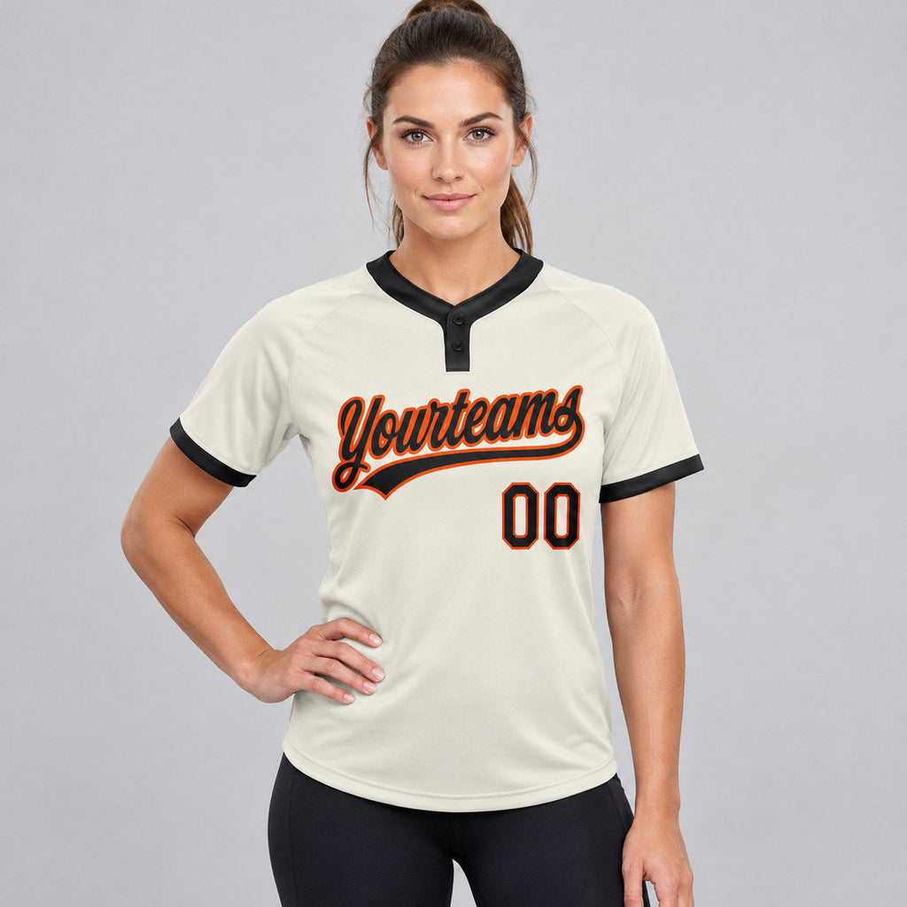 Custom Cream Two Button Softball Jersey with Black and Orange Lettering Design 0188 worn by female model
