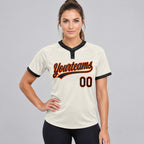 Custom Cream Two Button Softball Jersey with Black and Orange Lettering Design 0188 worn by female model