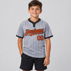 Custom Gray Two Button Pinstripe Softball Jersey with Black Lettering Design 1218 youth size worn by child model