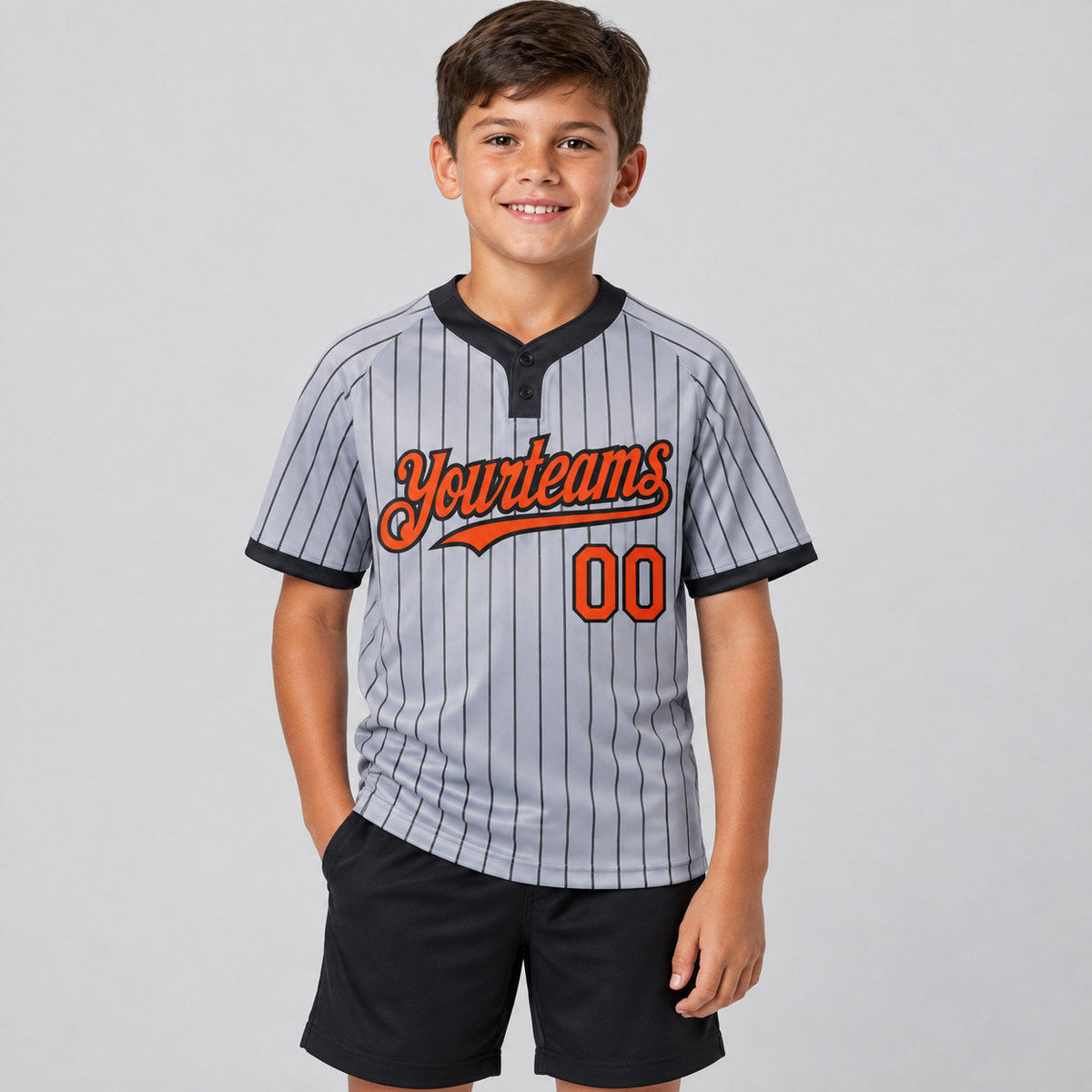 Custom Gray Two Button Pinstripe Softball Jersey with Black Lettering Design 1218 youth size worn by child model