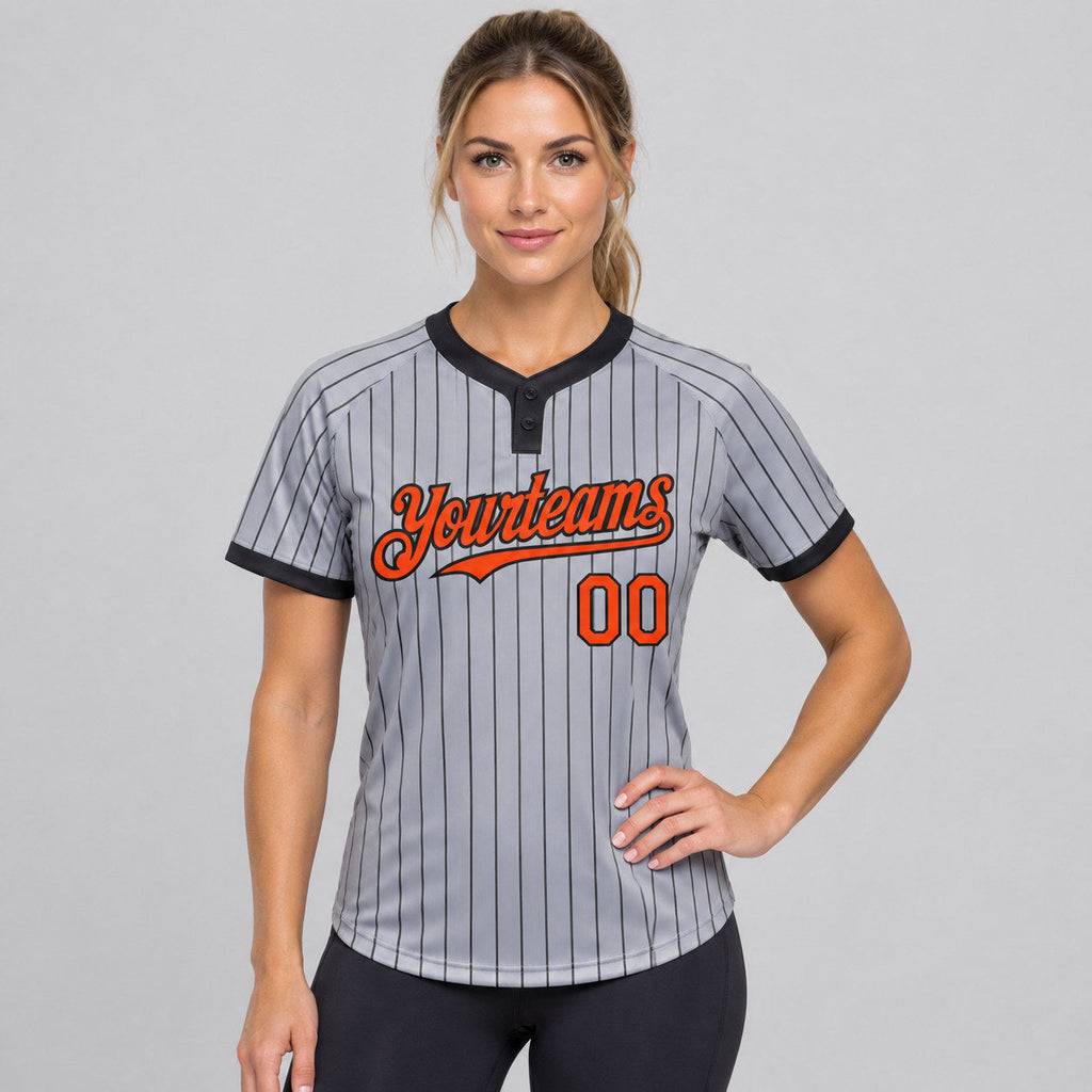 Custom Gray Two Button Pinstripe Softball Jersey with Black Lettering Design 1218 worn by female model