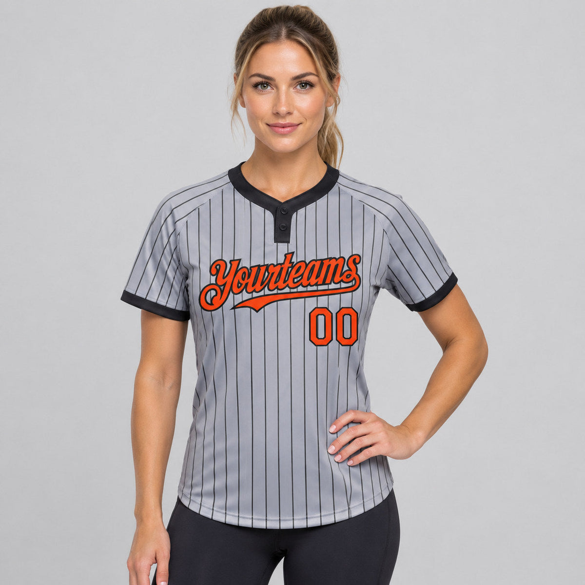 Custom Gray Two Button Pinstripe Softball Jersey with Black Lettering Design 1218 worn by female model