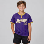 Custom Purple Two Button Pinstripe Softball Jersey with Old Gold Lettering youth size worn by child model