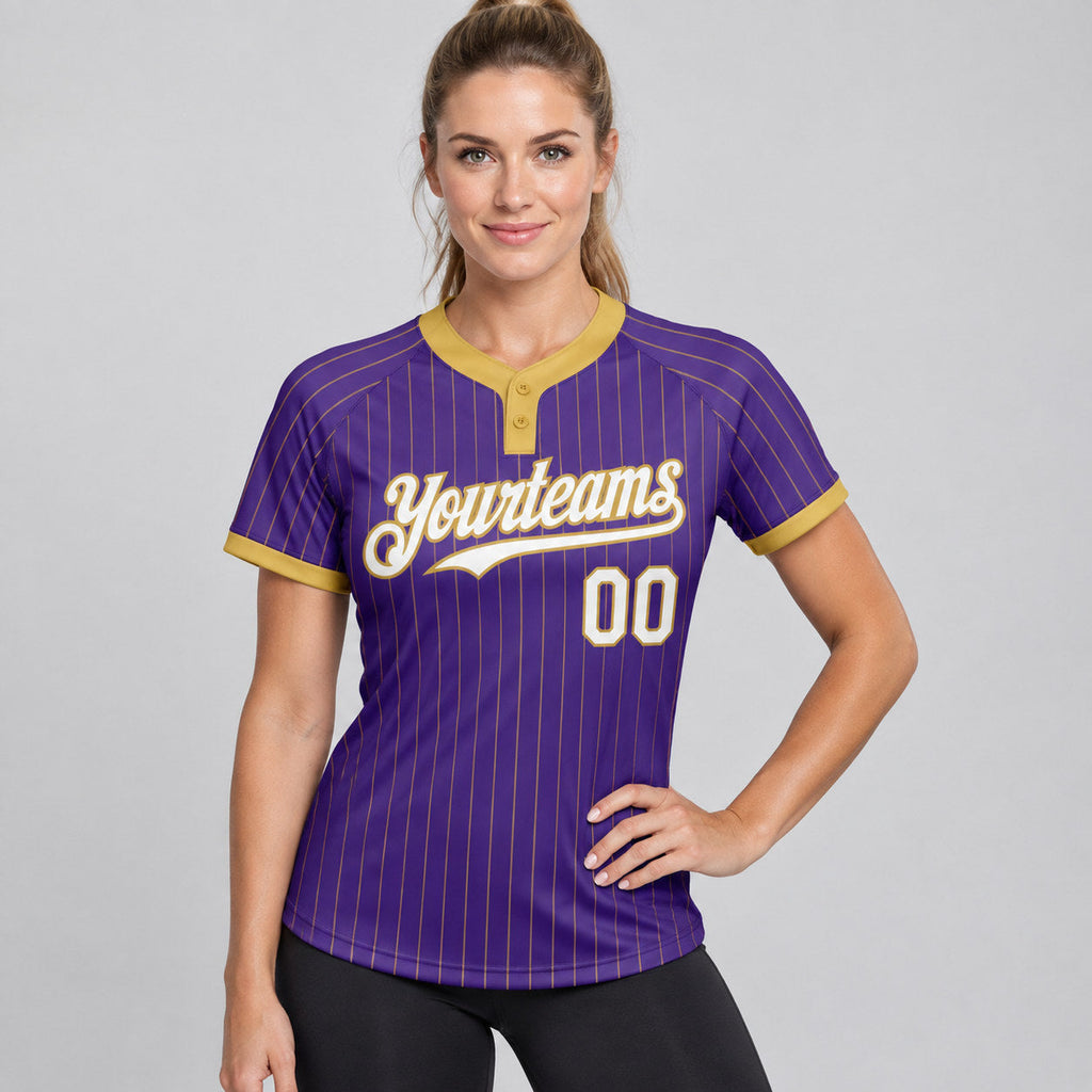 Custom Purple Two Button Pinstripe Softball Jersey with Old Gold Lettering worn by female model