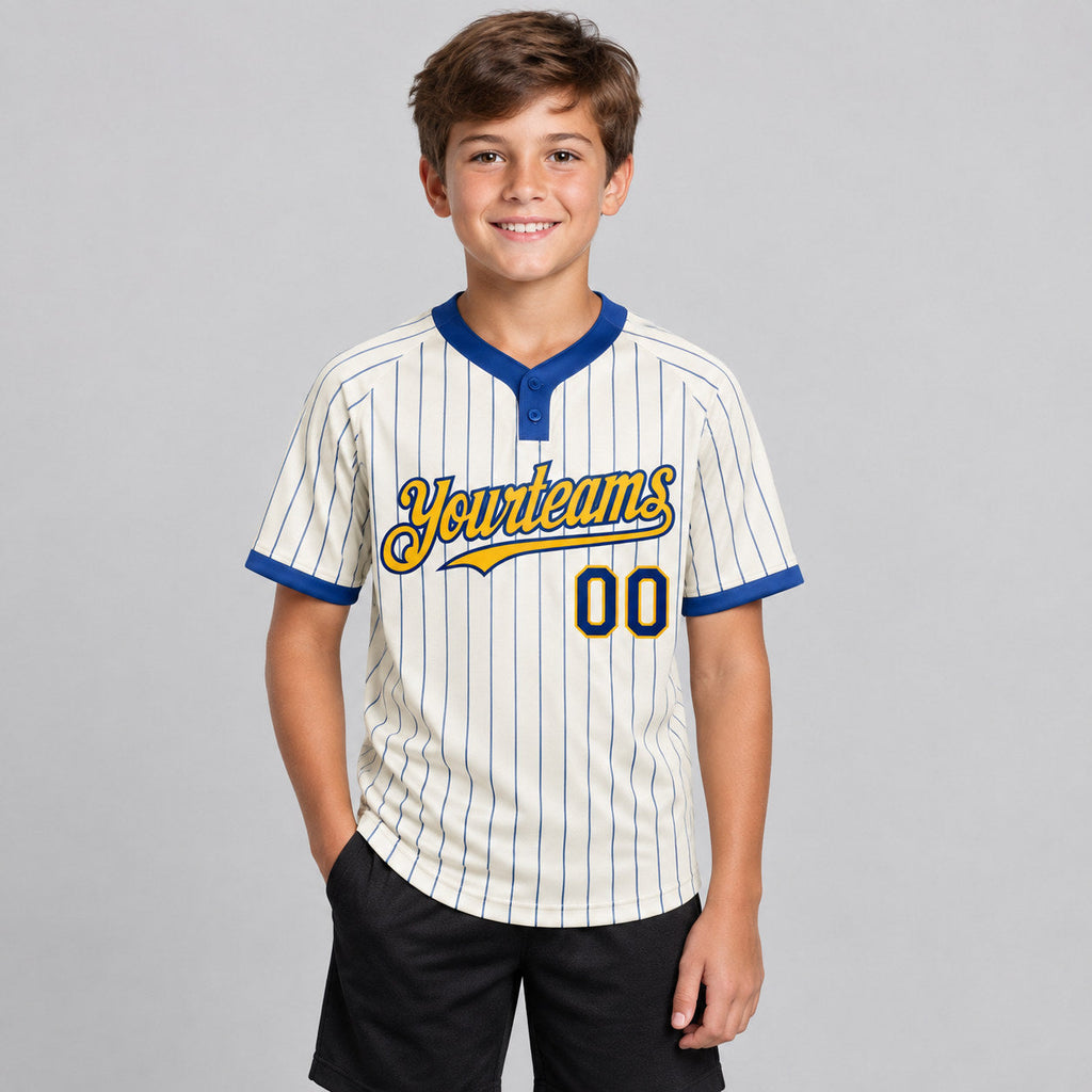 Custom Cream Two Button Pinstripe Softball Jersey with Royal Lettering Design 1061 youth size worn by child model